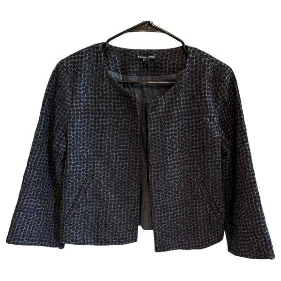 Eileen Fisher Embroidered Squares Open Front Crop Blazer Jacket Black Size XS - Picture 2 of 5